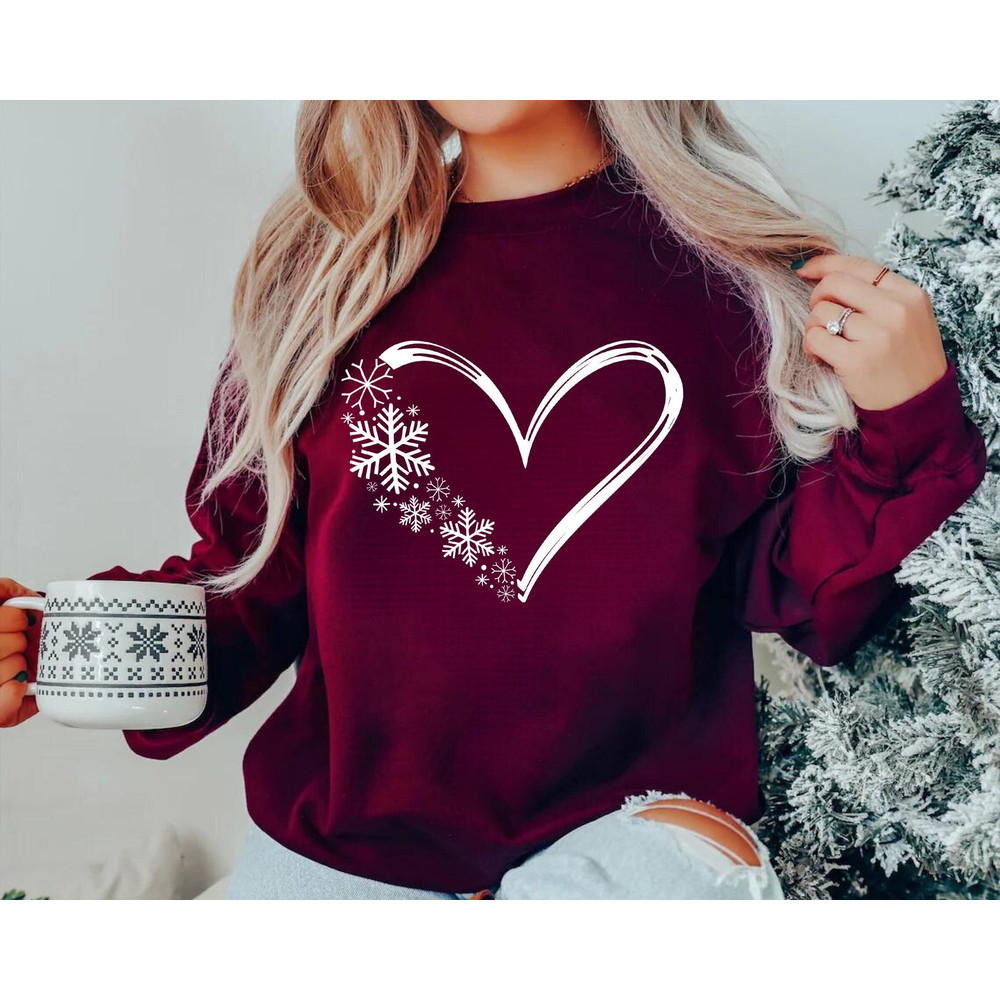 Snowflake Sweatshirt, Christmas Sweatshirt, Women Holiday Shirt, Snow Flake Heart Sweater, Snow Sweatshirt, Christmas Gift Shirt, Winter.jpg