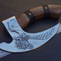 hand-forged viking axe | d2 steel 9" blade, 8" olive wood handle & leather sheath