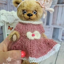 Mohair teddy bear in pink dress. Handmade toy.