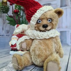 Santa's helper. Mohair teddy bear toy. New year gift. Handmade toy bear.