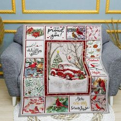 christmas blanket, xmas family blanket, cardinal merry christmas red truck, mink sherpa blanket, fleece blanket, xmas tr