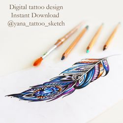 Feather  Tattoo Design Ornamental Feather  Tattoo Ideas Sketch, Instant download JPG, PNG