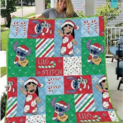 stitch christmas fleece blanket, stitch and angel throw blanket for couch sofa, stitch birthday gift, chrismtas blanket,