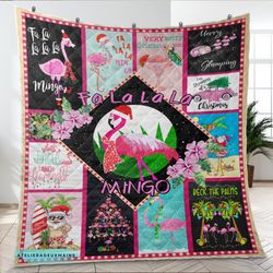 fa la la la pink flamingo christmas fleece blanket, christmas gifts blanket, flamingo decor blanket, flamingo christmas