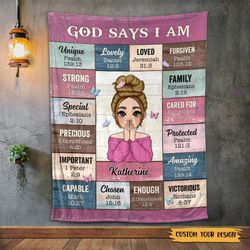 god says i am custom name, god says i am pink blanket, jesus fleece sherpa blanket christian throw, christmas gift, chri