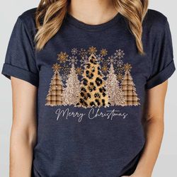 ladies leopard merry christmas shirt, women christmas shirt, cute christmas shirt, women holiday shirt, leopard print ch