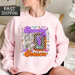 spooky season on sweatshirt, halloween crewneck, funny skeleton hand hoodie, retro halloween gifts, spooky sweatshirt,
