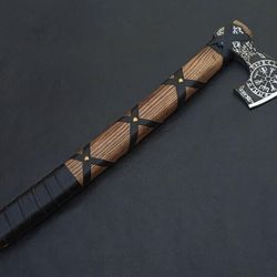 Engraved custom axe, camping tool, Hand forge Viking axe with leather case