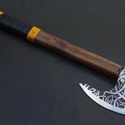 Engraved custom axe, camping tool, Hand forge Viking axe with leather case