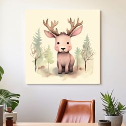 Childrens nursery art, an illustration of a cute baby moose in the forest ,Canvas wrapped on pine frame