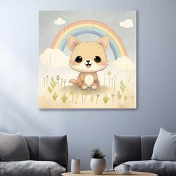 Childrens nursery illustration, a happy fox cub under a rainbow ,Printed canvas wall art, Mountain inspired art
