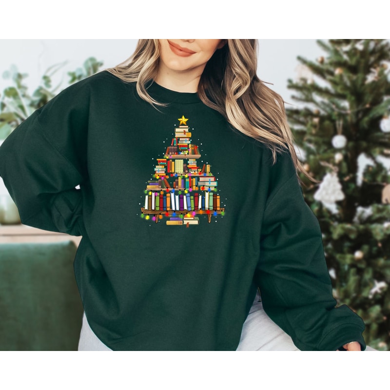 Christmas Tree made of books Shirt, gift for book lover, Book Lovers Christmas Shirt, Bookworm Christmas Shirt, Gift For Teachers, Book Tree 1.jpg