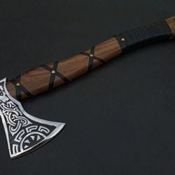 engraved hand-forged viking axe | 16" rosewood handle & 5" carbon steel blade | includes leather sheath perfect gift