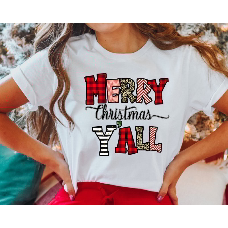 Christmas Women Shirt, Leopard Print Christmas Shirt, Merry Christmas Y'all Shirt, Holiday Shirt, Cute Christmas Tee, Christmas Gift for Her.jpg