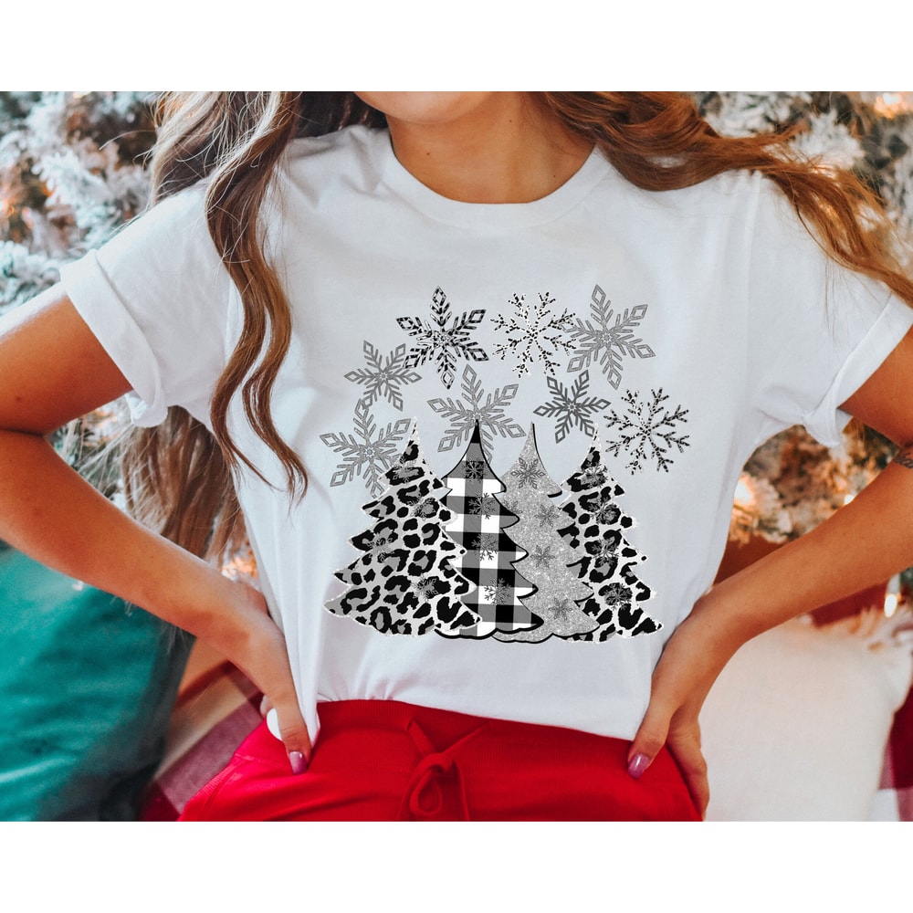 Silver and Black Leopard Christmas Tree, Holiday Shirt for Women, Long Sleeve T-shirt.jpg