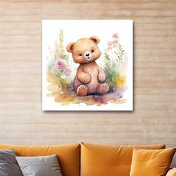 Nursery art, watercolor painting of a cute baby bear ,Canvas wrapped on pine frame