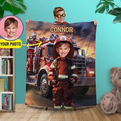 Custom Kids Gift Blanket with Photo, Personalized Firefighter Boy Blanket, Custom Firefighter Gifts for Boys, Name Kids