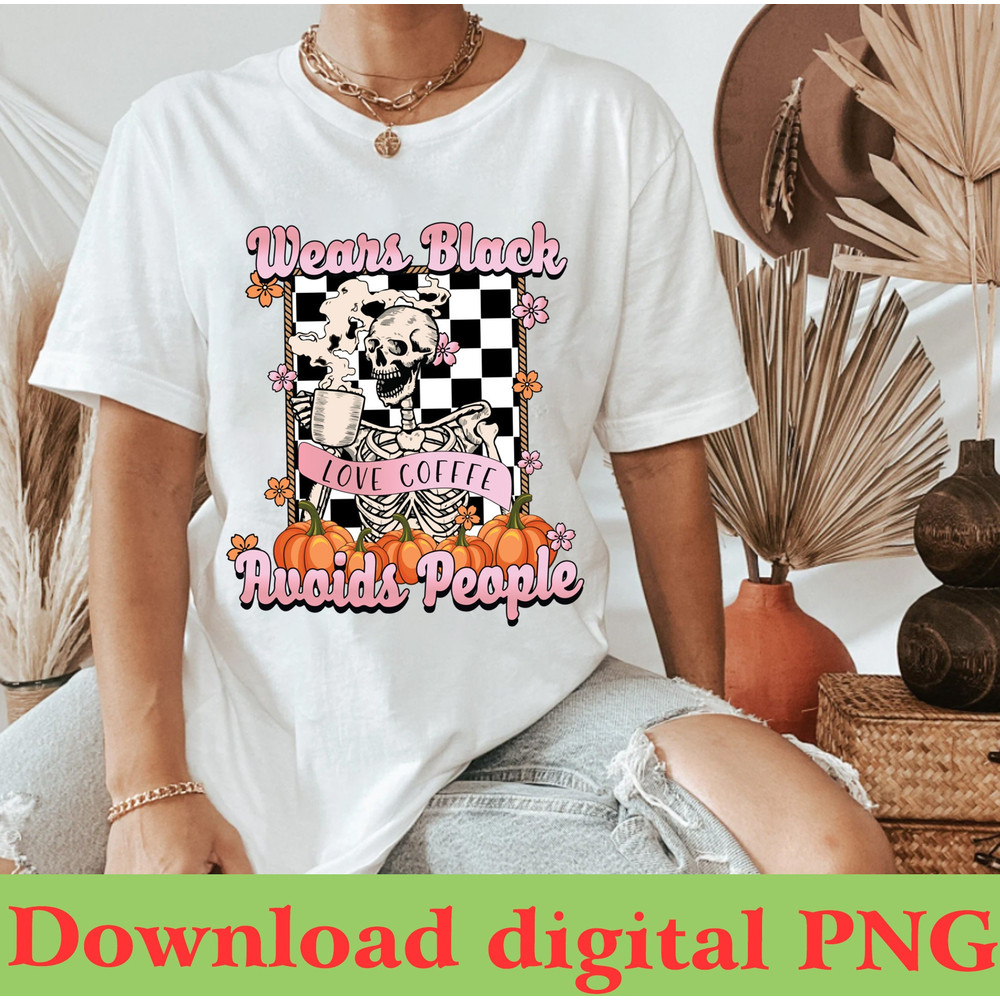 Wears Black Drinks Coffee Avoids People PNG, Wavy Font Shirt, Retro Graphic Design, Antisocial Png.jpg