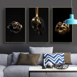 abstract black gold art posters and prints golden paint drip on skull rose canvas painting wall art for living room home
