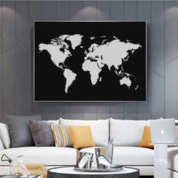 abstract black and white world map paintings on canvas modern map poster and print wall art picture for living room cuad
