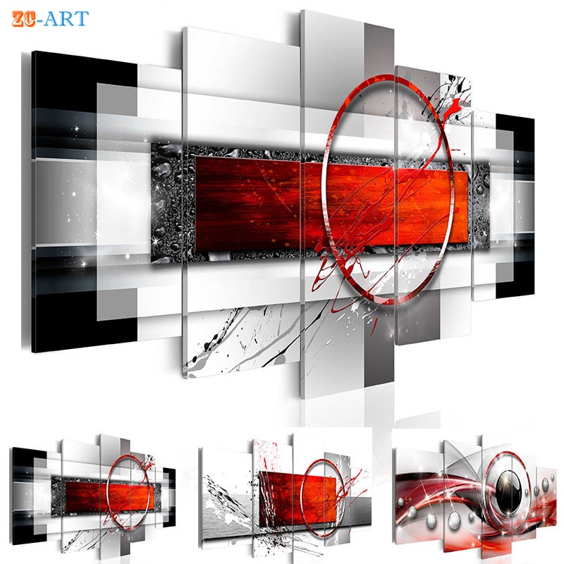 Abstract Painting Canvas Art 5 Pieces Red Ring Prints Poster Modern Metallic Wall Painting for Living Room Home Decor.jpg