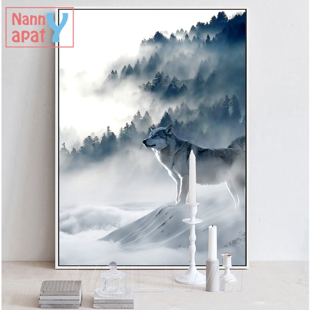 Aesthetic Conception Nordic Art Wolf Snow Mountain Art Canvas Poster Minimalist Print Nature Picture Modern Home Room Decoration.jpg
