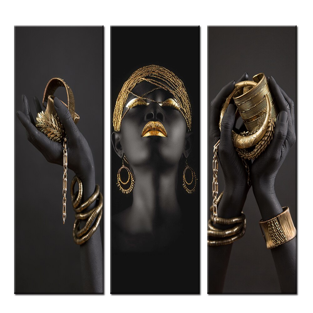 African Woman Art Paintings On the Wall Art Posters And Prints Black Hands Holding Golden Jewellery Canvas Pictures Home Decor.jpg