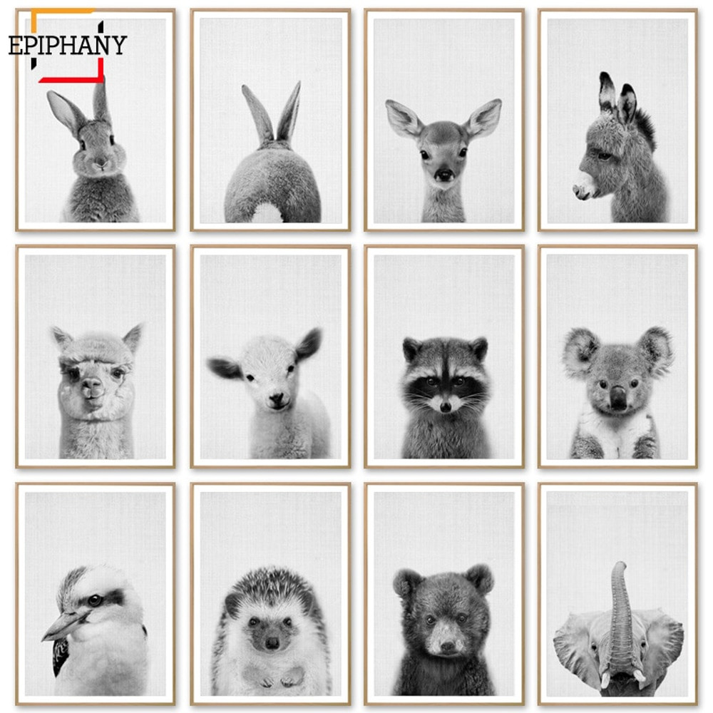 Baby Animal Poster Rabbit Giraffe Elephant Canvas Painting Black and White Nursery Wall Art Nordic Picture Kids Room Decoration.jpg