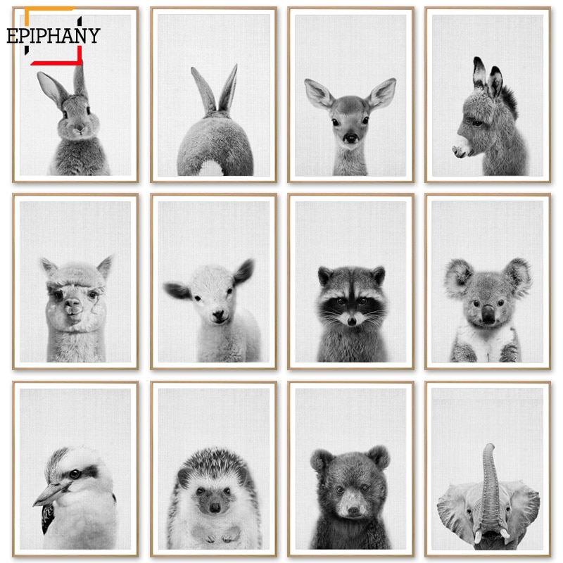 Baby Animal Poster Rabbit Giraffe Elephant Canvas Painting Black and White Nursery Wall Art Nordic Picture Kids Room Decoration.jpg