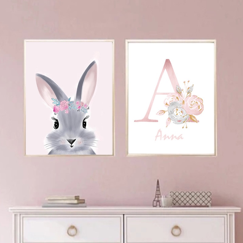 Baby Girl Personalized Gift Print Nursery Art Custom Girl's Name Canvas Painting Floral Flowers Pink unicorn Poster Wall Decor.jpg