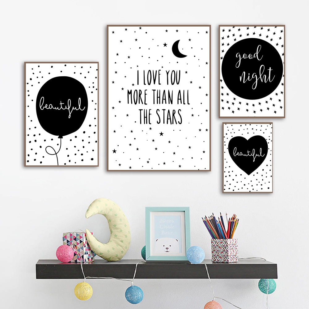 Balloon Star Moon Heart Quotes Posters And Prints Black And White Wall Art Canvas Painting Wall Pictures Baby Kids Room Decor.jpg