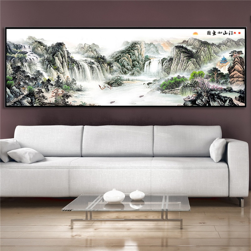 Big Size Canvas Print Wall Art Scenery Chinese Oil Painting Mountain Poster Sansui Landscape Living Room Decoration Maison.jpg