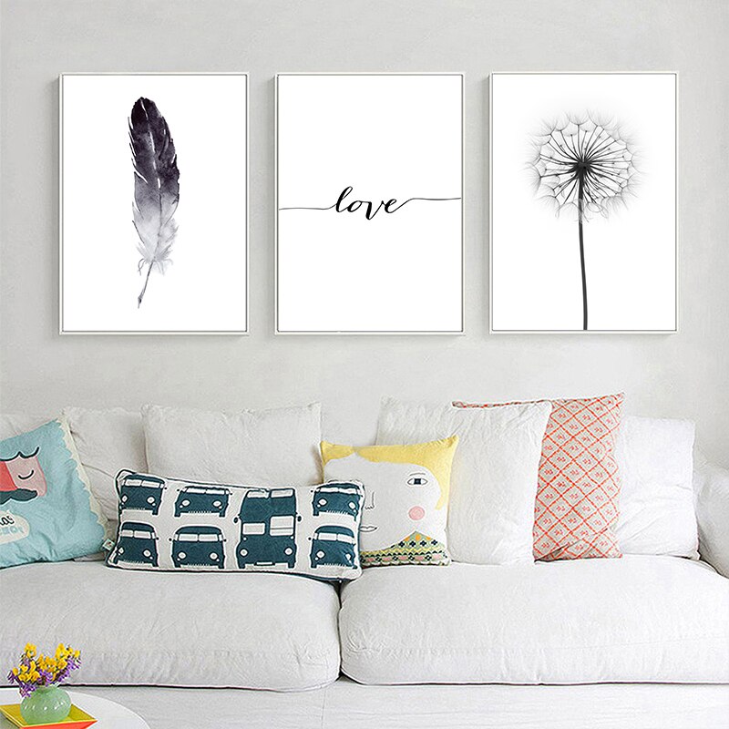 Black and White Dandelion Feathers Poster and Print Letter Love Wall Art Canvas Painting Home Picture Wall Decoration.jpg