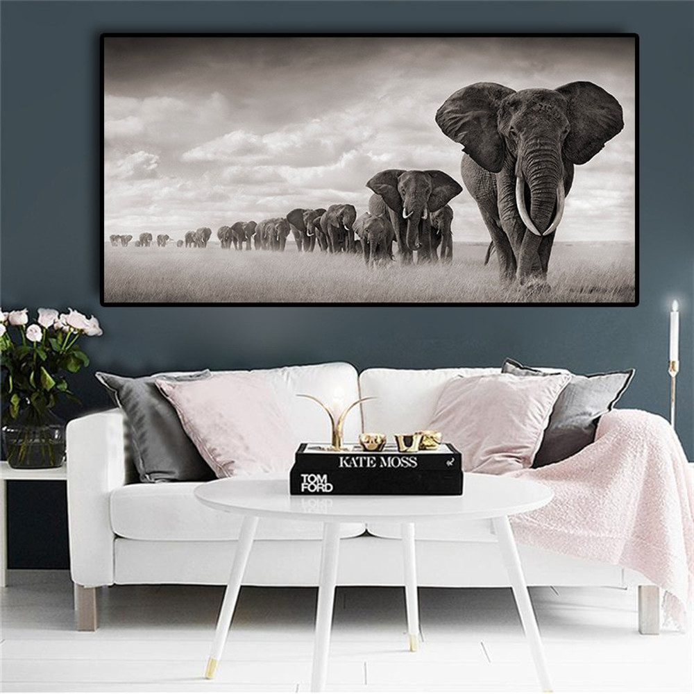 Black And White Elephant QueueModern Canvas Painting Nordic Posters And Prints Decoration Art Wall Picture For Living Room.jpg