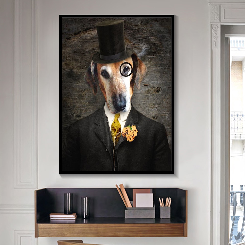 Black and White Dog Cat Wolf Fox Canvas Painting Posters Prints Wall Art Picture Wearing a Hat Living Room Home Decor Cuadros.jpg