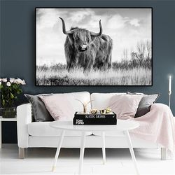 black and white freedom highland cow animal canvas painting posters and prints scandinavian yak wall art picture for liv