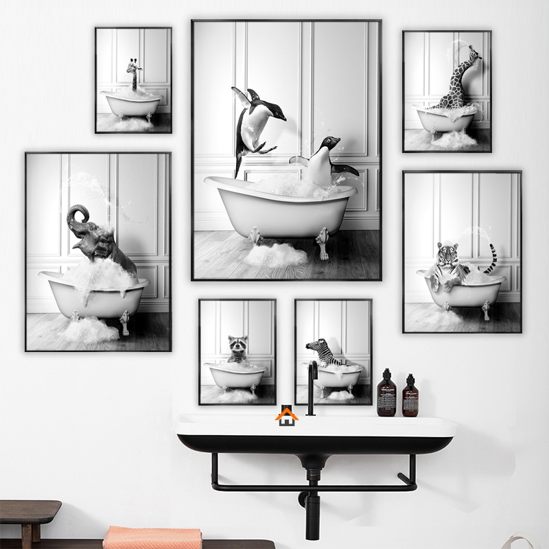 Nordic Funny Animals Bathroom Poster Black White Tiger Penguin Elephant Decorative Paintings Canvas Wall Art Pictures Room Decor.jpg