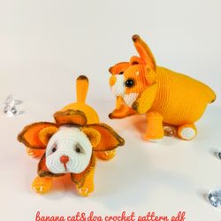Set crochet patterns pdf in english banana toys- two soft cute toys- Banana cat, Banana dog. Stuffed banana toys DIY.