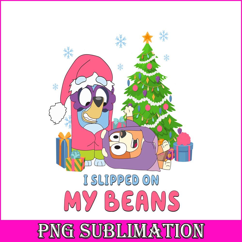 CRM13112309-Bluey Slipped On My Beans PNG, Christmas Tree PNG, Bluey And Christmas Gift PNG.png