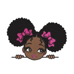 peekaboo girl with puff afro ponytails embroidery design, cute black african american kids embroidery, 3 sizes, instant