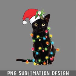black santa cat tangled up in lights christmas santa png, christmas png