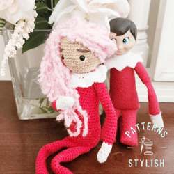 Crochet pattern Barba: Christmas Girlish Elf on The Shelf with Pink Hair - 12 Inch Tall with Posable Arms