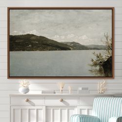 Framed Canvas Landscape Wall Art, Antique Lake Framed Print, Rustic Decor Framed Large Gallery Art, Vintage Art, Green A