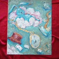 The original art oil painting is a Fantasy, the Blue March Hare sleeps on a cloud.