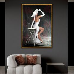 white dress photo shoot artwork, retro angel woman, canvas print, white hat decor, wall art