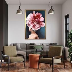 woman with flower head canvas painting, floral wall decor, art print, pink rose head artwork