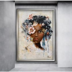 african woman with flower head, woman with flower head wall art, black woman with flower head, african woman wall art,fr