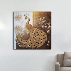 peacock canvas painting, golden peacock, gold peacock decor, peacock wall art