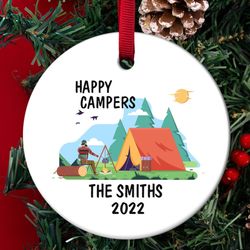 personalized camper ornament, happy camper ornament