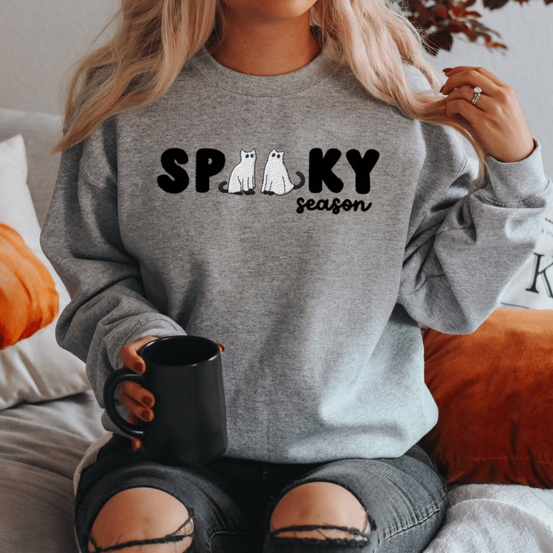 Embroidered Ghost Cats Halloween Sweatshirt, Halloween Ghost Cats Embroidered, Spooky Season Sweatshirt, Black Cat Sweatshirt, Funny Cat.jpg